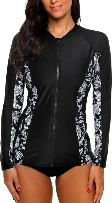 Black - White Zip-Front Long Sleeve UV-Protective Swim